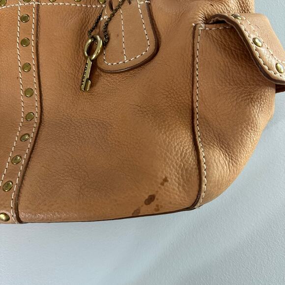 Fossil Tan Leather Shoulder Bag Satchel Studded Braided Handles w/ Key Charm - Picture 3 of 11
